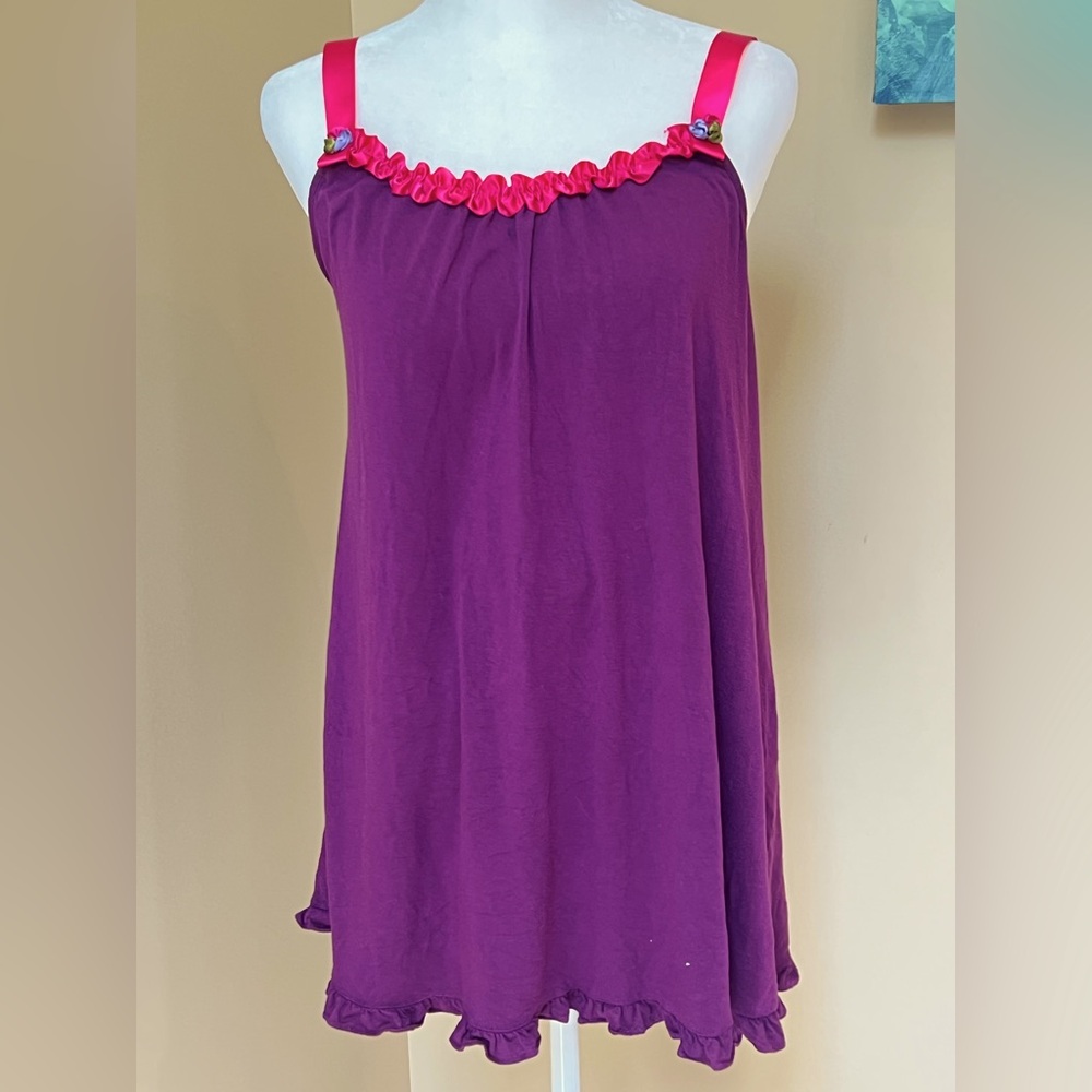 Vintage Betsey Johnson Babydoll Nightie Purple Hot Pink Roses Trim Small